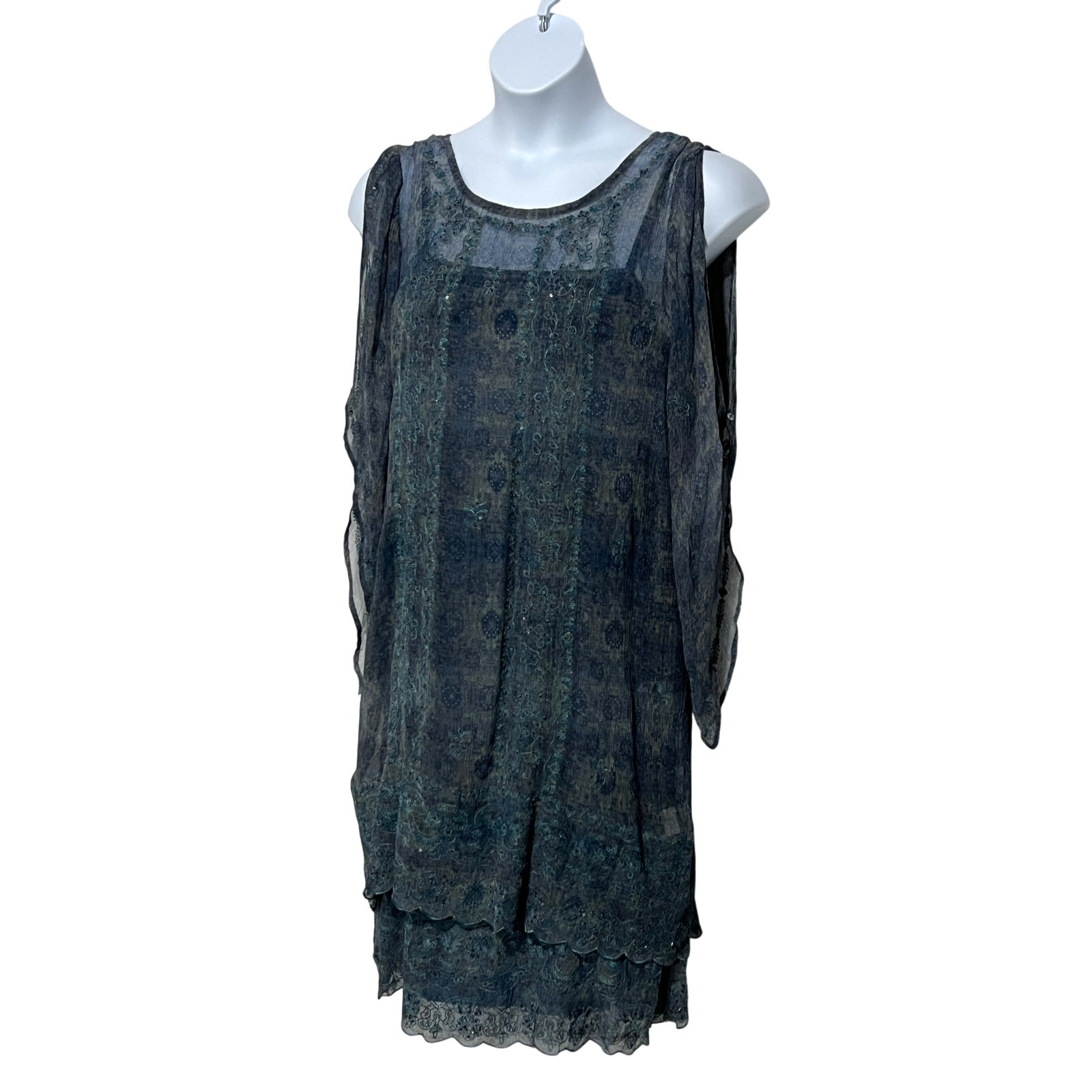 Sundance Womens 16 2-Pc Midi Slip Dress Sheer Overlay Embroidered Sequin Blue